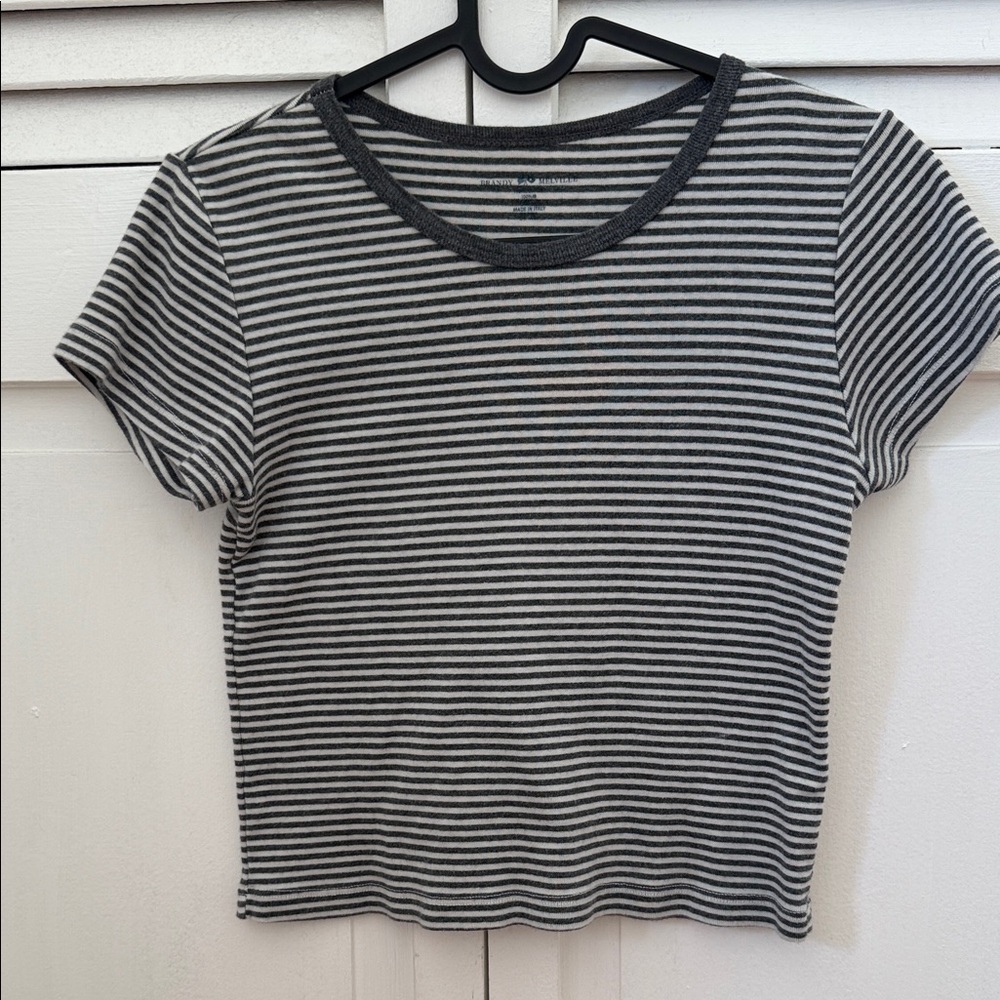 Brandy Melville Dark Grey and White Ribbed Crop Tee